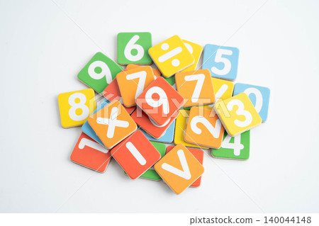 Number wood block cubes for learning Mathematic, education math concept. 140044148