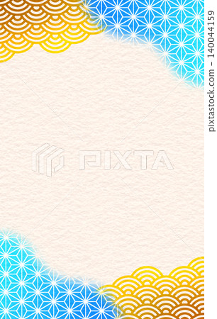 Japanese-style frame background: gold leaf and blue, washi paper, vertical orientation. Japanese-style frame background: gold leaf and blue, washi paper, vertical orientation. 140044159