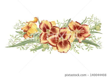 A hand-painted watercolor composition of red and yellow daylily flowers, green leaves, and gypsophila branches on an isolated background. Botanical illustration of a lily for design and decor. A hand-painted watercolor composition of red and yellow daylily flowers, green leaves, and gypsophila branches on an isolated background. Botanical illustration of a lily for design and decor. 140044408
