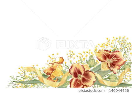 A hand-painted watercolor illustration depicting red and yellow daylily flowers, green leaves, and gypsophila branches against an isolated background. Botanical clip art with space for text. A hand-painted watercolor illustration depicting red and yellow daylily flowers, green leaves, and gypsophila branches against an isolated background. Botanical clip art with space for text. 140044466