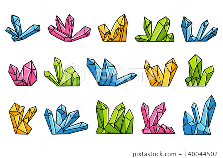 Collection of colorful hand drawn geometric crystal clusters isolated on a white. Collection of colorful hand drawn geometric crystal clusters isolated on a white. 140044502
