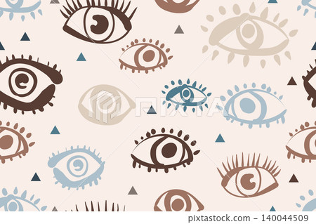 Seamless boho pattern with hand drawn mystic eyes and small triangles on a light beige background. 140044509