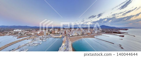 Aerial cityscape of Vinaros harbor at dawn Aerial cityscape of Vinaros harbor at dawn 140044644