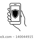 A hand holding a smartphone, a LINE icon with a shield. 140044915