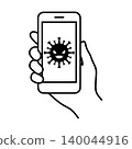 A hand holding a smartphone - LINE icon - Virus 140044916