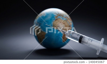 Syringe injecting into globe symbolizing global vaccination efforts and health crisis management on a dark background Syringe injecting into globe symbolizing global vaccination efforts and health crisis management on a dark background 140045067