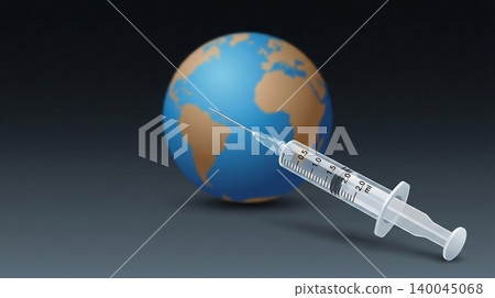Syringe injecting globe with vaccine representing global health and medical treatment on a dark background Syringe injecting globe with vaccine representing global health and medical treatment on a dark background 140045068