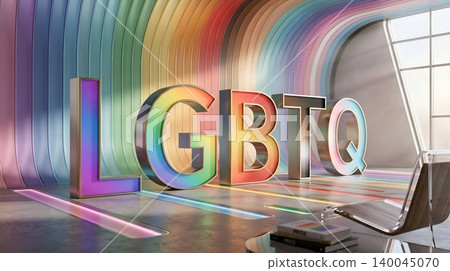 Large 3d lgbtq letters standing in a modern minimalist room with colorful curved wall background and soft natural daylight 140045070