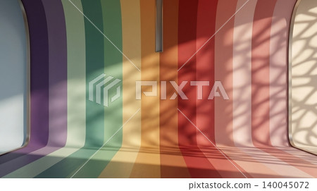 Empty studio room with curved rainbow walls featuring soft natural light shadows and artistic geometric pattern overlays Empty studio room with curved rainbow walls featuring soft natural light shadows and artistic geometric pattern overlays 140045072