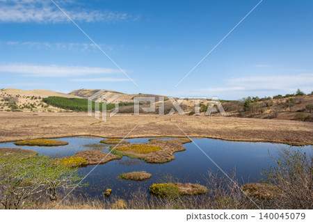 Early summer in the Kirigamine Plateau: Yashimagahara Marshland, Yashimagaike Pond, and Mount Kurumayama (distant view). 140045079