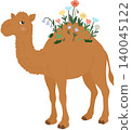 Whimsical camel illustration carrying colorful wildflowers on its hump, symbolizing harmony between wildlife and nature for World Environment Day. 140045122