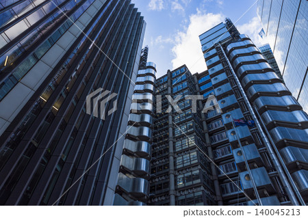 Low angle view of contemporary office buildings in a financial district Low angle view of contemporary office buildings in a financial district 140045213