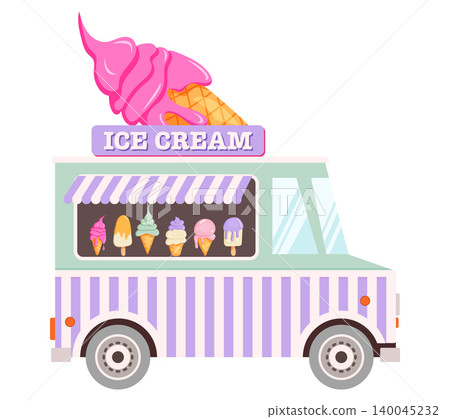 Bright, cartoon ice cream truck with a big pink cone on top Bright, cartoon ice cream truck with a big pink cone on top 140045232