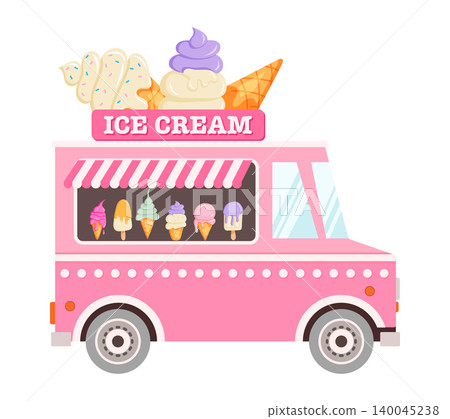 Cute pink ice cream truck with assorted desserts on roof 140045238