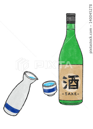 日本清酒套裝：清酒壺、清酒杯和綠清酒瓶（透明背景插圖） 140045278