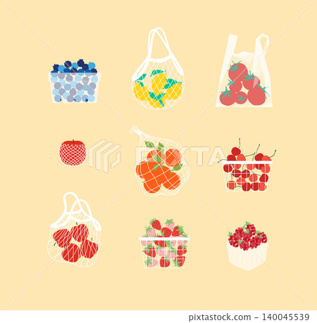 Eco shopping and harvest set collection of reusable mesh bags and wooden crates yellow bg Eco shopping and harvest set collection of reusable mesh bags and wooden crates yellow bg 140045539