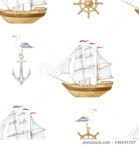 Watercolor seamless pattern with sailing ships, seagulls, anchors, and steering wheels isolated on white. Nautical digital paper for travel design, summer textile print, wrapping paper and decor. Watercolor seamless pattern with sailing ships, seagulls, anchors, and steering wheels isolated on white. Nautical digital paper for travel design, summer textile print, wrapping paper and decor. 140045707