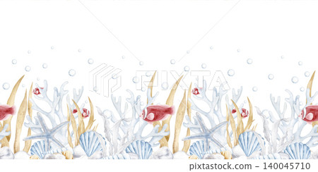 Watercolor seamless border with coral, tropical fish, seaweed, and seashells isolated on white background. Marine underwater frame element for summer designs, invitations and beach-themed decor. Watercolor seamless border with coral, tropical fish, seaweed, and seashells isolated on white background. Marine underwater frame element for summer designs, invitations and beach-themed decor. 140045710