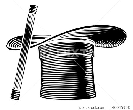 Magician Hat and Wand Woodcut Illustration 140045908