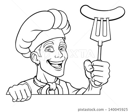 Chef Hotdog Sausage Cook Menu Sign Cartoon Mascot Chef Hotdog Sausage Cook Menu Sign Cartoon Mascot 140045925