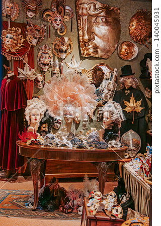 Traditional Venetian masks in shop window. Historic carnival culture in Venice. Traditional Venetian masks in shop window. Historic carnival culture in Venice. 140045931