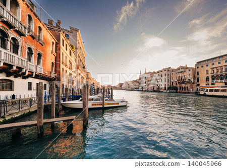 Panoramic View of Grand Canal from Rialto Bridge. Historic Venetian buildings, iconic Italian Panoramic View of Grand Canal from Rialto Bridge. Historic Venetian buildings, iconic Italian 140045966