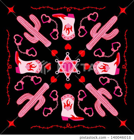 Bandana print design with western cowboy boots and cactus layout. Bandana print design with western cowboy boots and cactus layout. 140046018