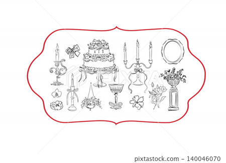 Vintage elegant decorative frame label with candelabra and cake illustrations. 140046070