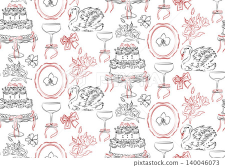Vintage romantic seamless pattern with cakes and frames in red and white. Vintage romantic seamless pattern with cakes and frames in red and white. 140046073