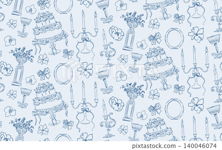 Elegant toile de jouy seamless pattern with vintage tableware and cakes. Elegant toile de jouy seamless pattern with vintage tableware and cakes. 140046074