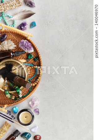 Spiritual Cleansing and Meditation Tools Flat Lay Spiritual Cleansing and Meditation Tools Flat Lay 140046970