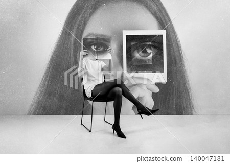 Woman exploring identity through layered eyes and self-perception Woman exploring identity through layered eyes and self-perception 140047181
