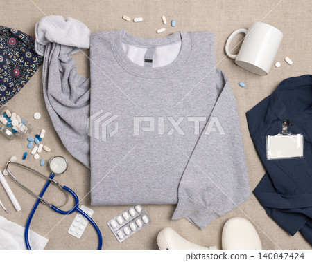 Blank grey unisex sweatshirt mockup with medical accessories top view, print on demand template 140047424