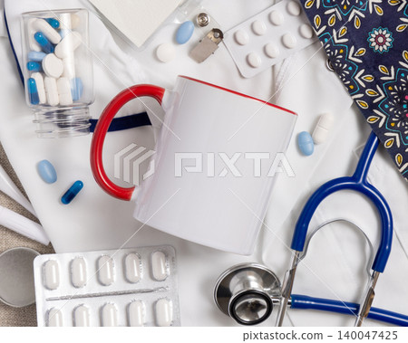 White and red accented 11 oz coffee mug mockup with medical accessories and scrub uniform top view White and red accented 11 oz coffee mug mockup with medical accessories and scrub uniform top view 140047425