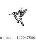 Hummingbird in flight sketch, hand drawn bird with spread wings hovering mid air. Wildlife animal doodle art, nature study ink drawing, flying avian creature black white graphic 140047500