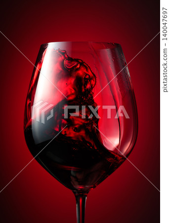 Wine glass with red liquid frozen in movement. 140047697