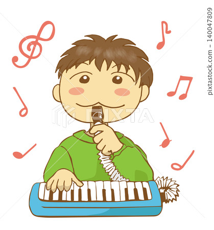 An illustration of a boy playing a melodica. An illustration of a boy playing a melodica. 140047809