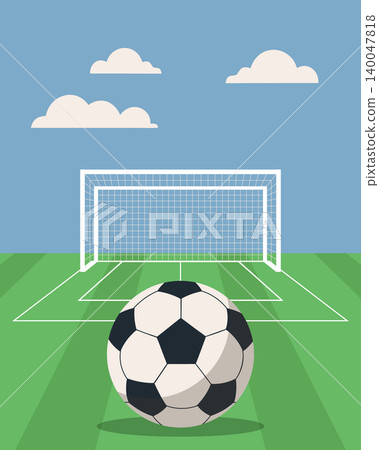 Soccer goal with ball on the field. Football match banner. Vertical  illustration. 140047818