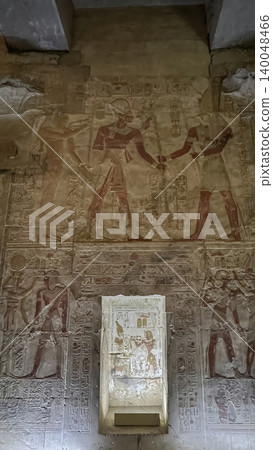 Beautiful interiors and ancient hieroglyphs in the Temple of Seti I in Abydos, Egypt. 140048466