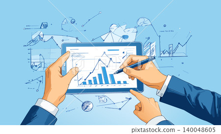 Business hands interacting with data analysis tablet Business hands interacting with data analysis tablet 140048605