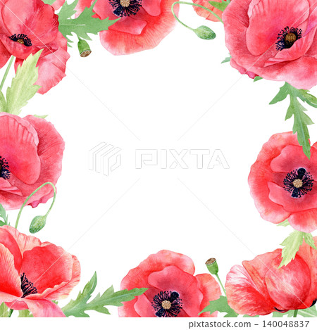 Watercolor square frame with blooming red poppies and green leaves isolated on white background. Floral border template with copy space for summer bright designs. Hand drawn botanical frame clipart. 140048837