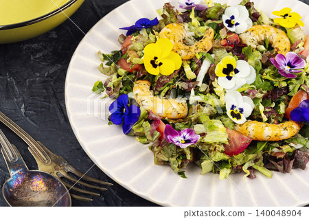 Shrimp and Garden Salad Decorated with Edible Flowers Shrimp and Garden Salad Decorated with Edible Flowers 140048904
