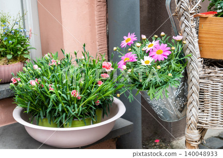 Wood romantic bench and pots with a lot of pink flowers. Outside decor, wood furniture in the garden near the house. Wood romantic bench and pots with a lot of pink flowers. Outside decor, wood furniture in the garden near the house. 140048933