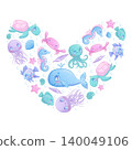 Cute cartoon sea animals in the shape of a heart on a white background. Whale, jellyfish, octopus, fish, seahorse, turtle, crab, star. Children's vector illustration for the design of poster, postcard 140049106