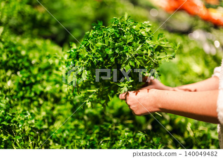 Woman holding fresh parsley bunch at local food market, organic green herbs and healthy natural ingredients Woman holding fresh parsley bunch at local food market, organic green herbs and healthy natural ingredients 140049482