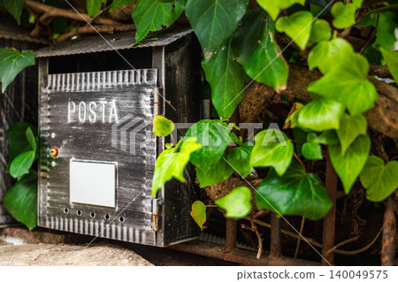 Rustic metal mailbox with posta text partially hidden by green ivy leaves on old fence in Italy Rustic metal mailbox with posta text partially hidden by green ivy leaves on old fence in Italy 140049575