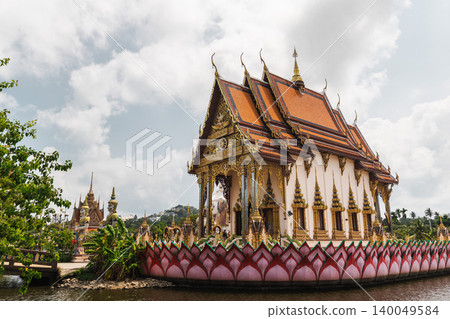 Traditional Thai temple building on island surrounded by water Koh Samui Thailand Traditional Thai temple building on island surrounded by water Koh Samui Thailand 140049584