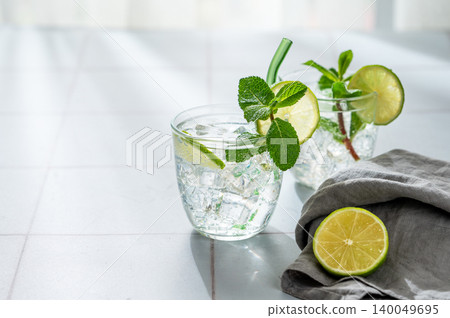 A fresh mojito with lime, mint and ice in glass. Citrus lemonade or cocktail on a table A fresh mojito with lime, mint and ice in glass. Citrus lemonade or cocktail on a table 140049695