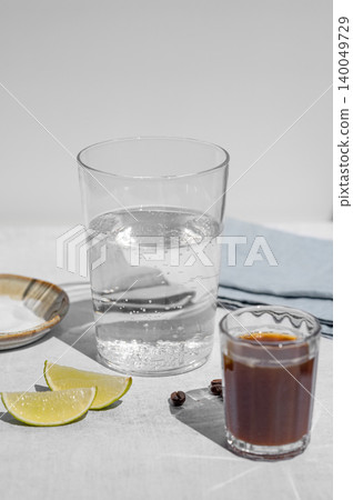 Coffee bomb with sparkling water and espresso shot, trendy summer coffee drink Coffee bomb with sparkling water and espresso shot, trendy summer coffee drink 140049729