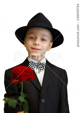 Charming little boy dressed as a gentleman in a suit and hat 140049764